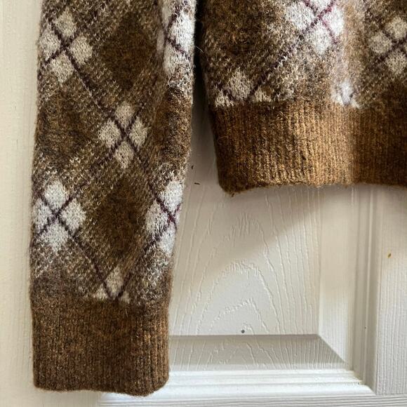 Zara Brown Wool Blend Argyle Print Crew Neck Cropped Cardigan Medium Academia - Picture 5 of 11